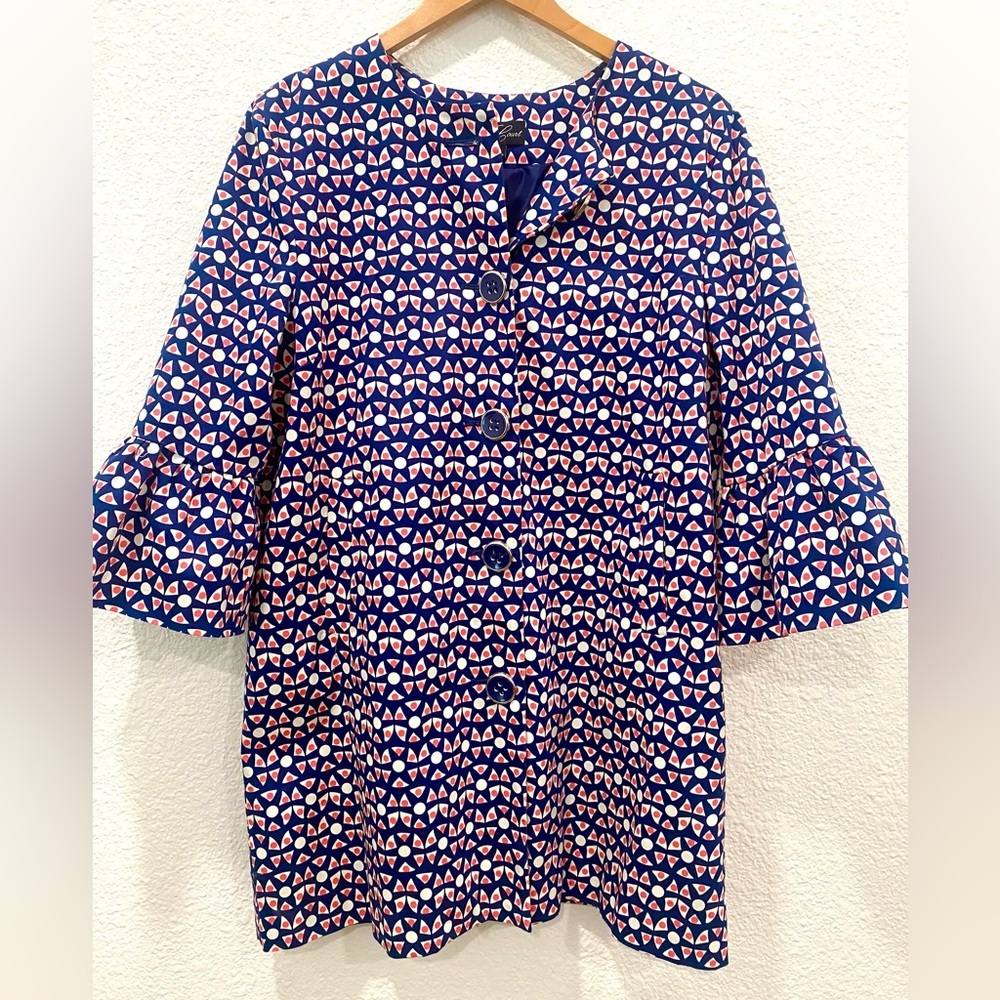 Eden Court Women’s Size Large Stylish Blue Coral White Geometric Blazer Jacket